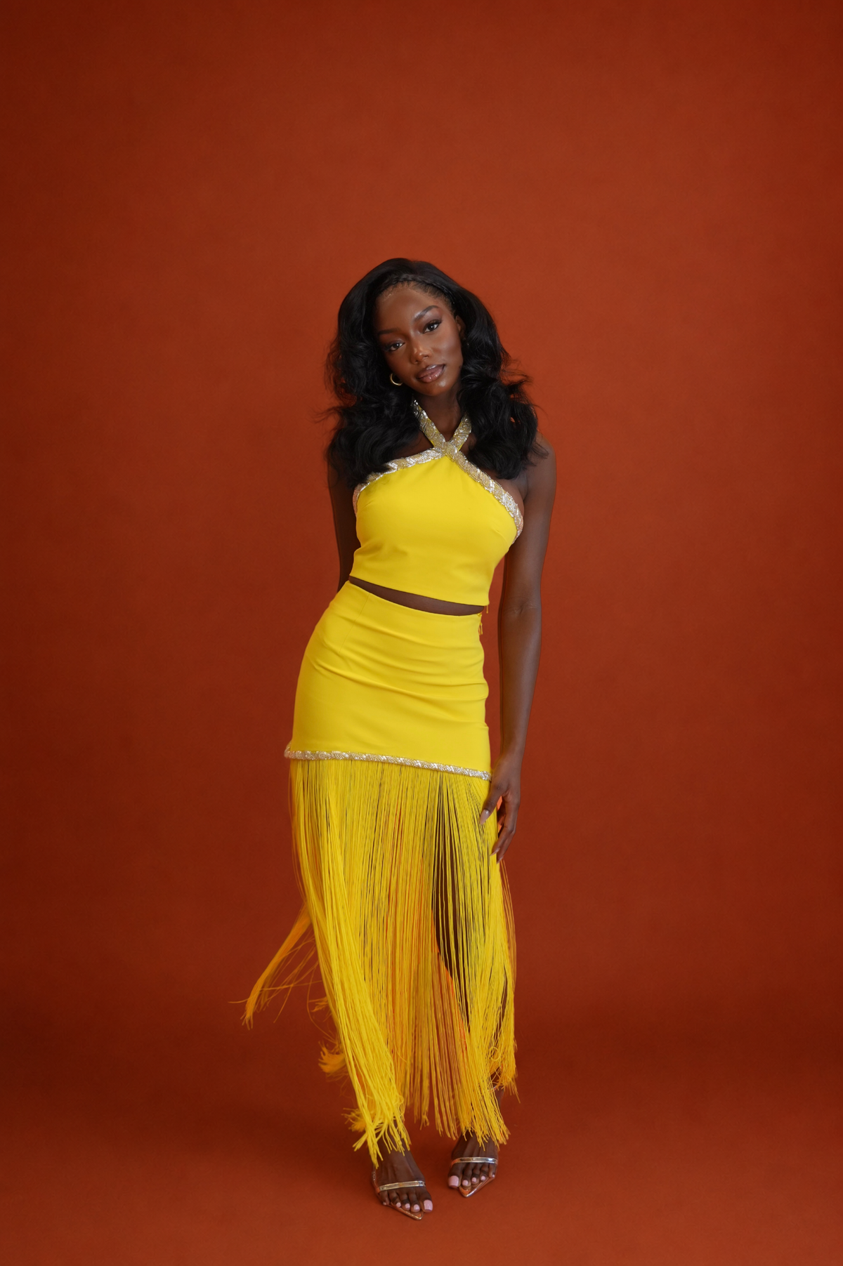 Oraya Halter Top and Fringe Skirt Set - Yellow