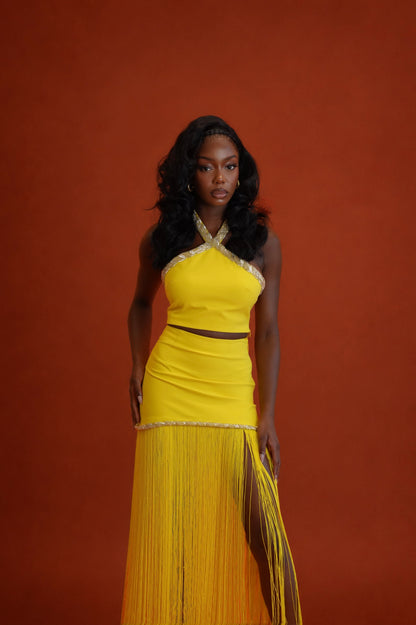 Oraya Halter Top and Fringe Skirt Set - Yellow