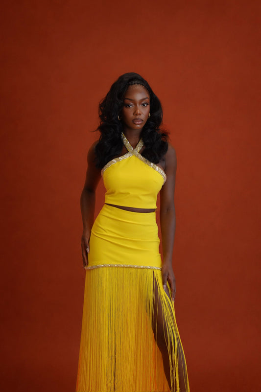 Oraya Halter Top and Fringe Skirt Set - Yellow