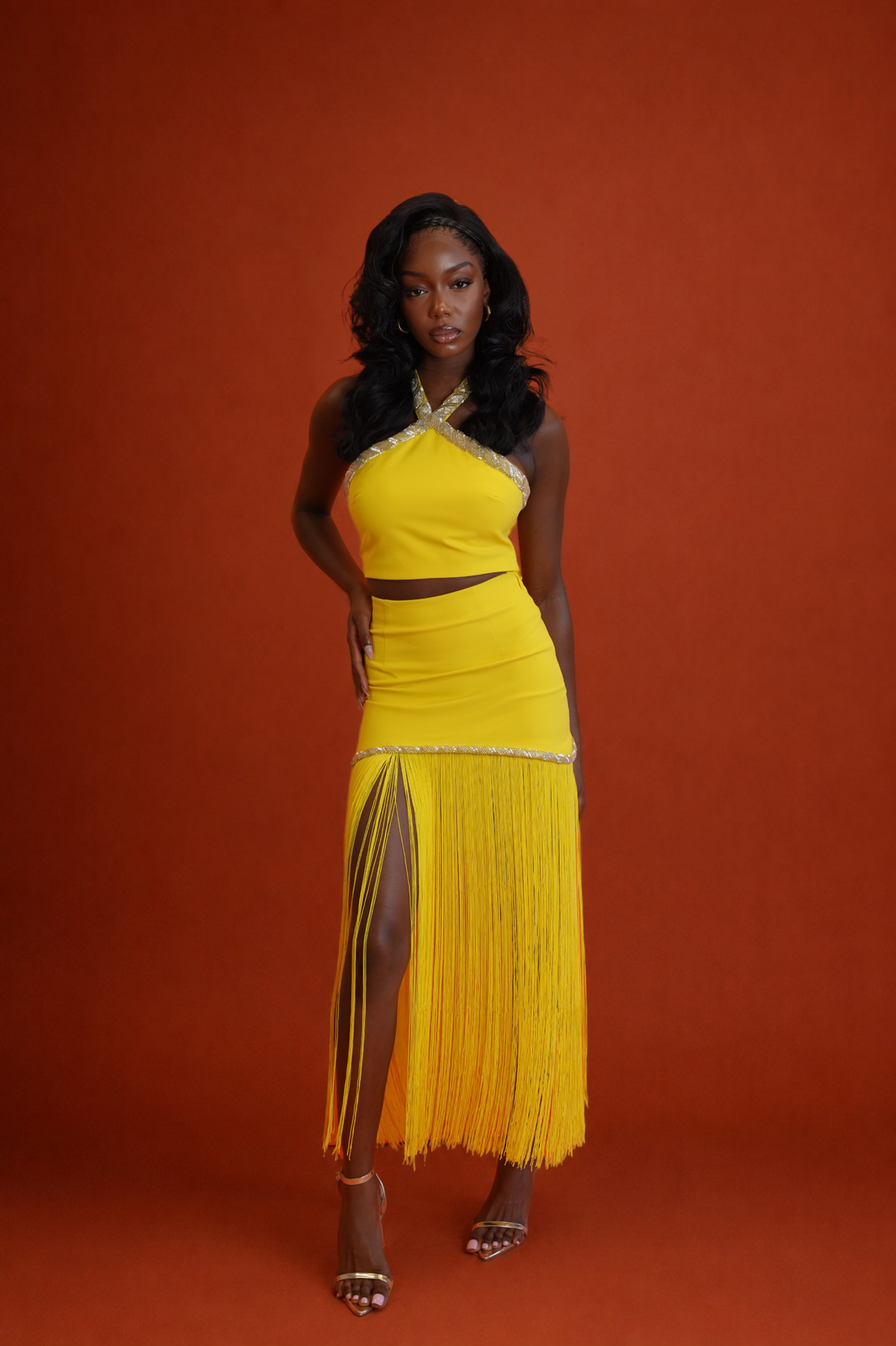 Oraya Halter Top and Fringe Skirt Set - Yellow