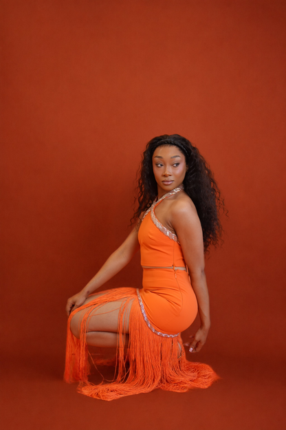 Oraya Halter Top and Fringe Skirt Set - Orange