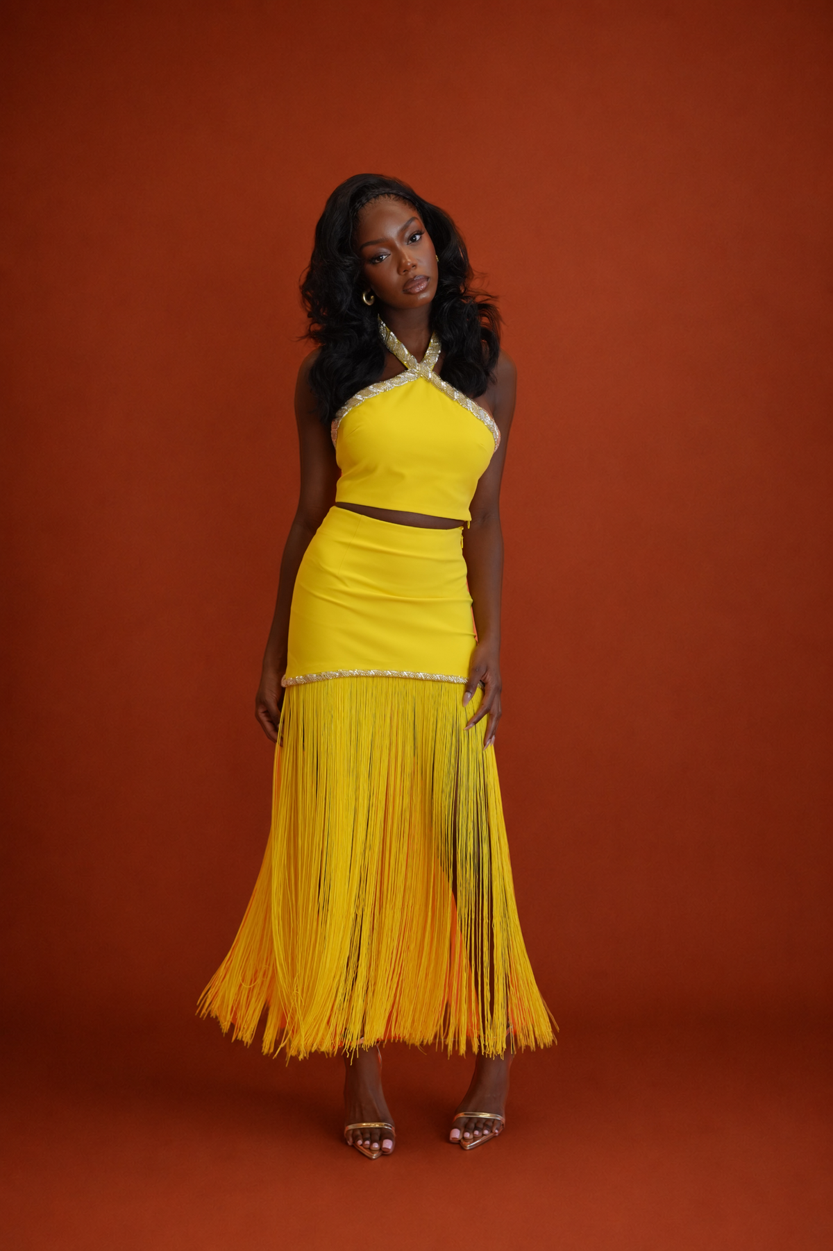 Oraya Halter Top and Fringe Skirt Set - Yellow