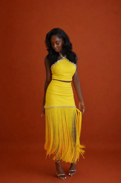 Oraya Halter Top and Fringe Skirt Set - Yellow