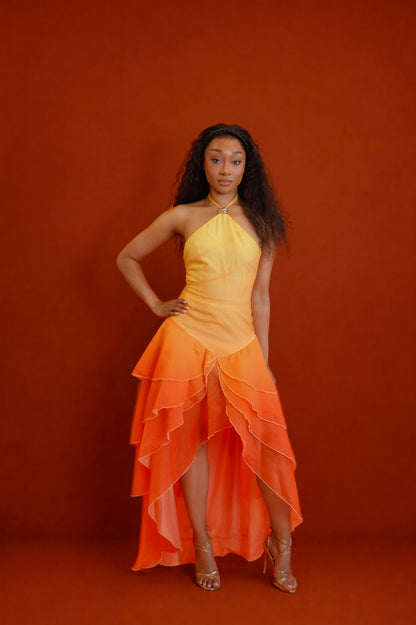 Anica Sunset Ombré High-Low Maxi Dress