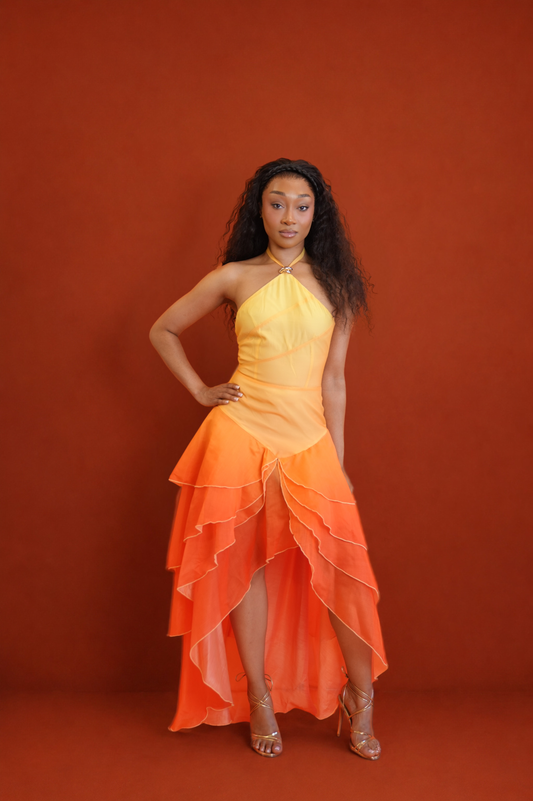 Anica Sunset Ombré High-Low Maxi Dress