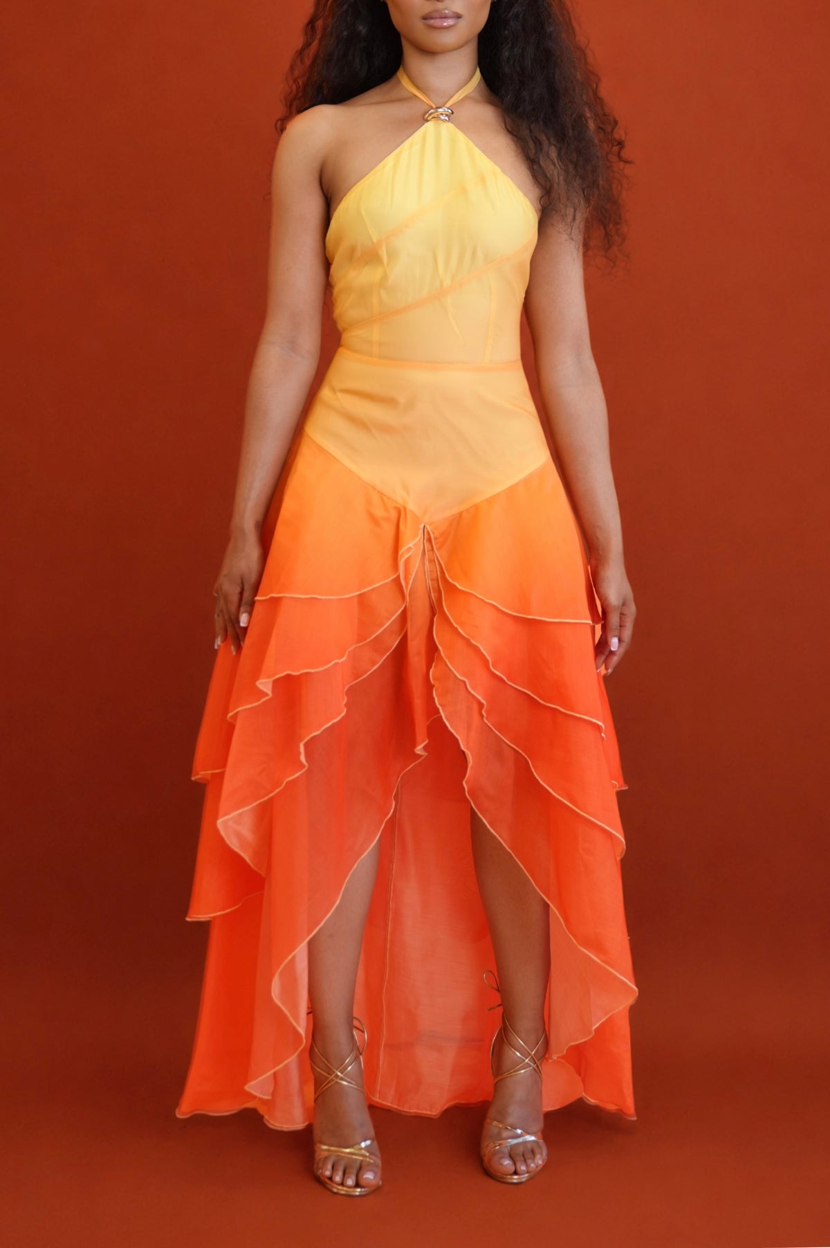 Anica Sunset Ombré High-Low Maxi Dress