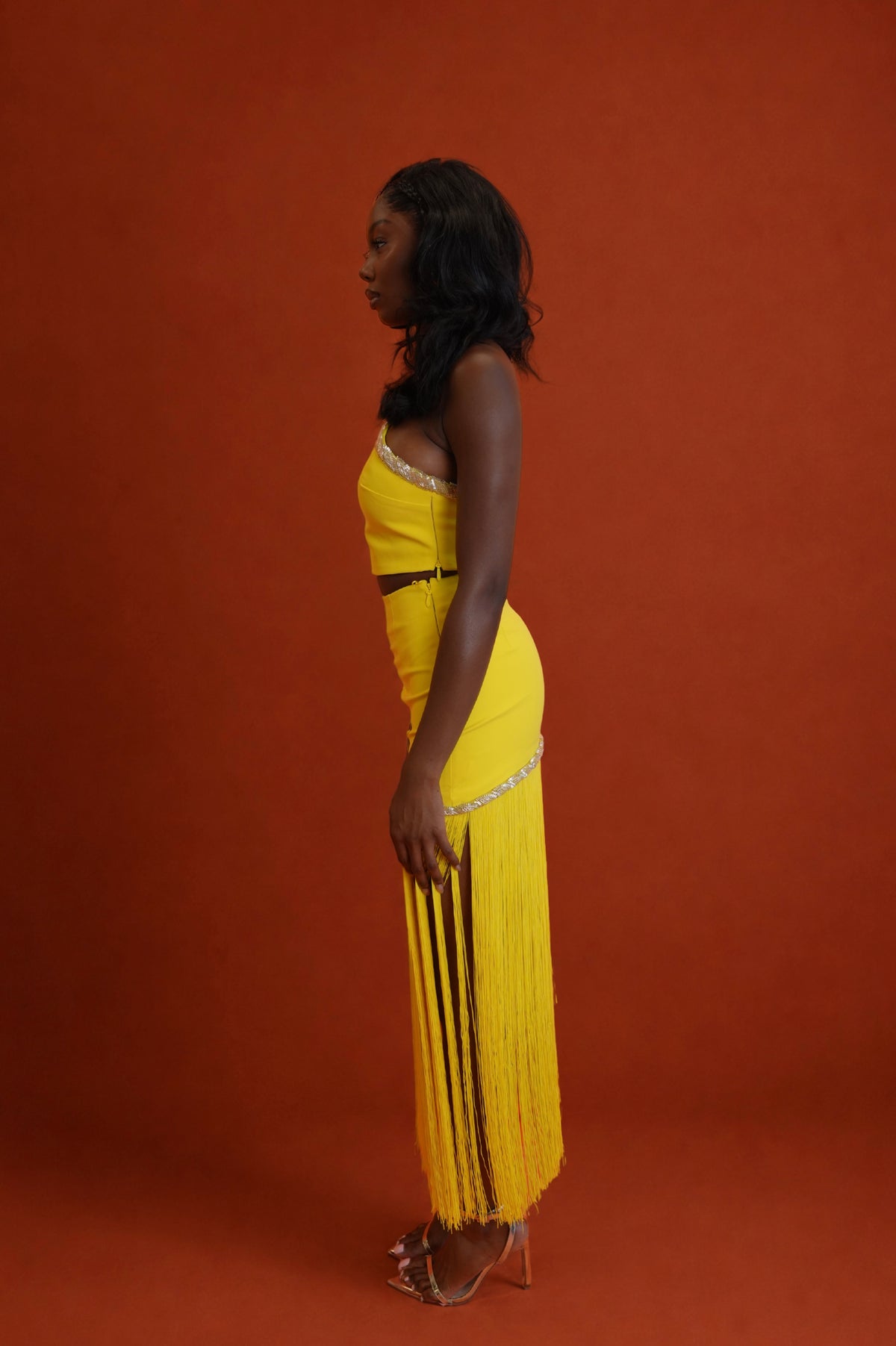 Oraya Halter Top and Fringe Skirt Set - Yellow