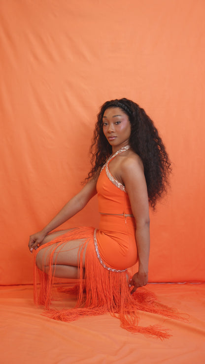 Oraya Halter Top and Fringe Skirt Set - Orange